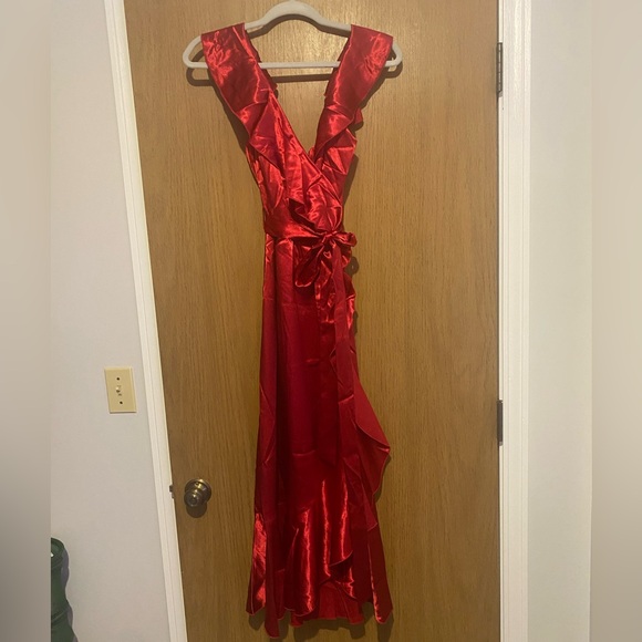 Little Mistress Red Satin Ruffle Maxi Dress - Picture 7 of 7